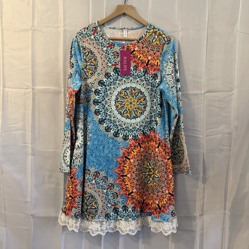 Halife Womens M Blue Casual Boho Dress Mandala Lace Trim Stretch New‎